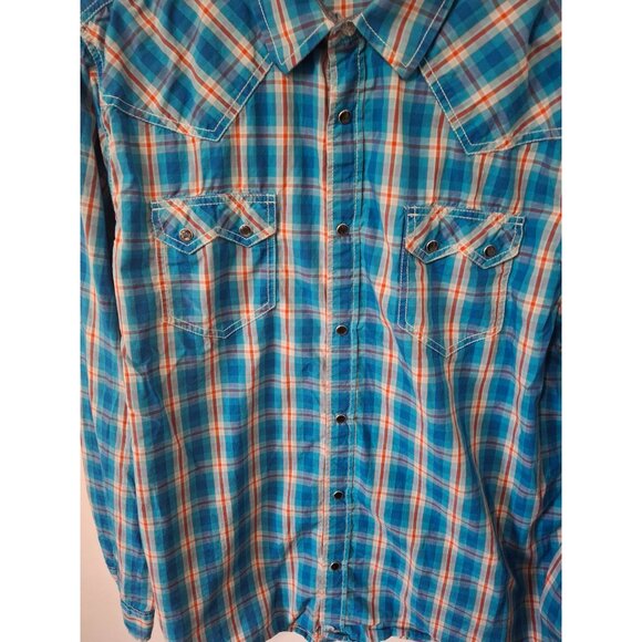 Cody James Mens Western Plaid Snap Button Shirt 2XL Regular Fit Blue/Orange Cott - Picture 3 of 6